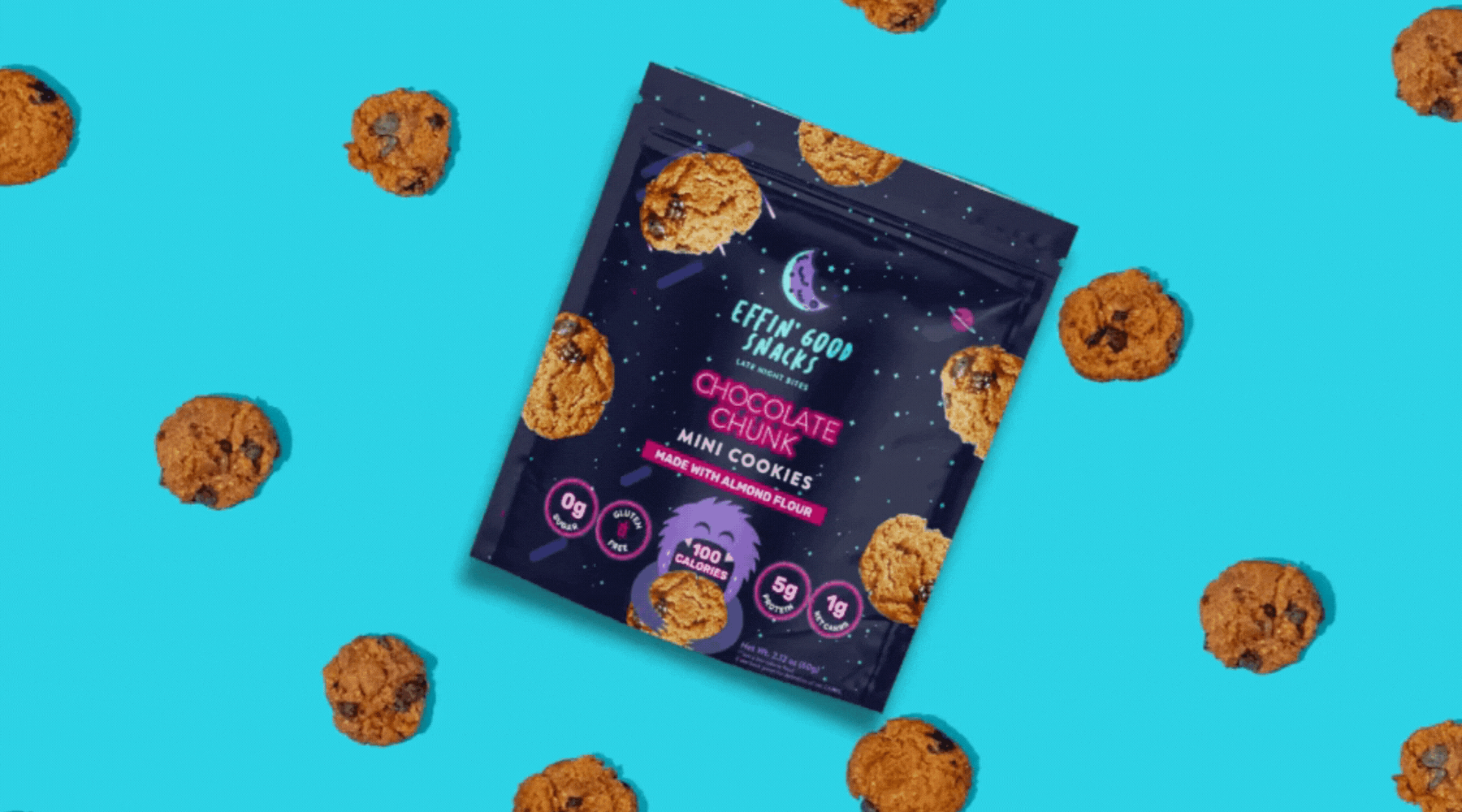 Delicious low carb cookies order online.Best keto friendly chocolate chip cookies gif. Space blue package, neon pink lettering, midnight cookie monster graphic.